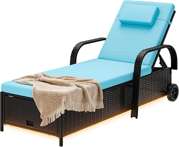 DWVO LED Outdoor Lounge Chairs, Patio Wicker Chaise Lounge Chair with LED Lights & 5-Level Backrest, Wheels and Storage for Deck, Pool, Backyard, Black & Blue