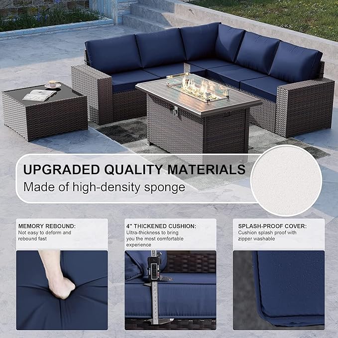 Kullavik 10PCS Outdoor Patio Furniture Set,PE Wicker Rattan Sectional Sofa Patio Conversation Sets with 43" 55000BTU Gas Propane Fire Pit Table,Swivel Rocking Chairs Set,Dark Blue
