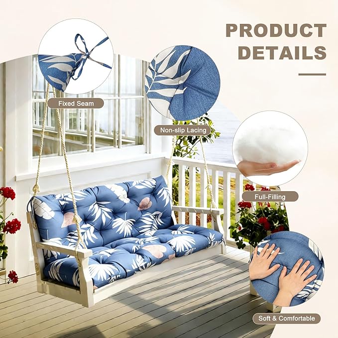 Porch Swing Cushion with Backrest,Waterproof Bench Cushion for Outdoor Furniture,2-3 Seater Replacement Thickened Swing Cushion with Ties,Patio,Outdoor,Backyard and Garden (Tropical Leaf,47x40")