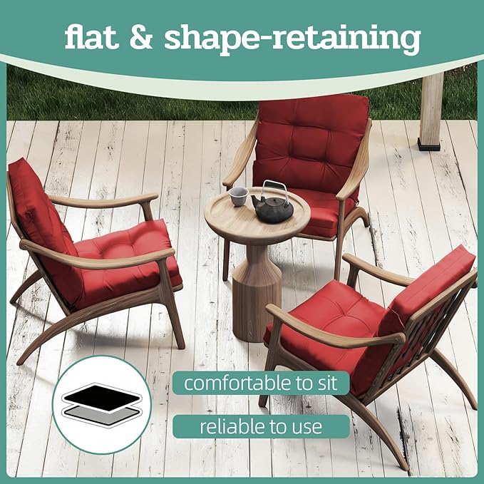 Outdoor Chair Cushions Set of 2, 42x21x4 Inch Patio Cushion for Dining/Rocking Chairs, High Back Soft Seat Pad with Ties, Indoor Outside Use, Fade-Resistant & Waterproof, Red