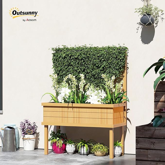 Outsunny Raised Garden Bed with Trellis for Climbing Plants, Vegetable, Grape Vines, Elevated Planter Box with Legs, Drainage Holes and Filter for Outdoor Garden, Patio, Natural Wood