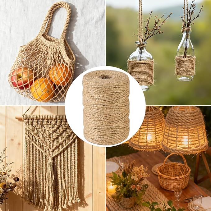 3mm 328 Feet Natural Jute Twine, for Crafts Gift, Craft Projects, Wrapping, Bundling, Packing, Holiday Packaging Twine, Gardening and More, Jute Rope to Use Around The House and Garden