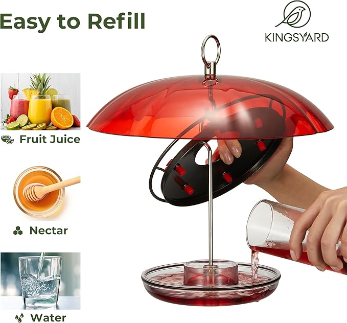 Kingsyard Weatherproof Hummingbird Feeder for Outdoors Hanging - Heavy Duty Metal lid with 6 bee Guard Feeding Ports & Circular Perch, Built-in Ant Moat, Easy to Refill & Clean (12oz/Black)