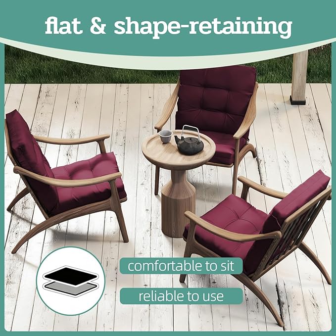 Outdoor Chair Cushions Set of 2, 42x21x4 Inch Patio Cushion for Dining/Rocking Chairs, High Back Soft Seat Pad with Ties, Indoor Outside Use, Fade-Resistant & Waterproof, Burgundy