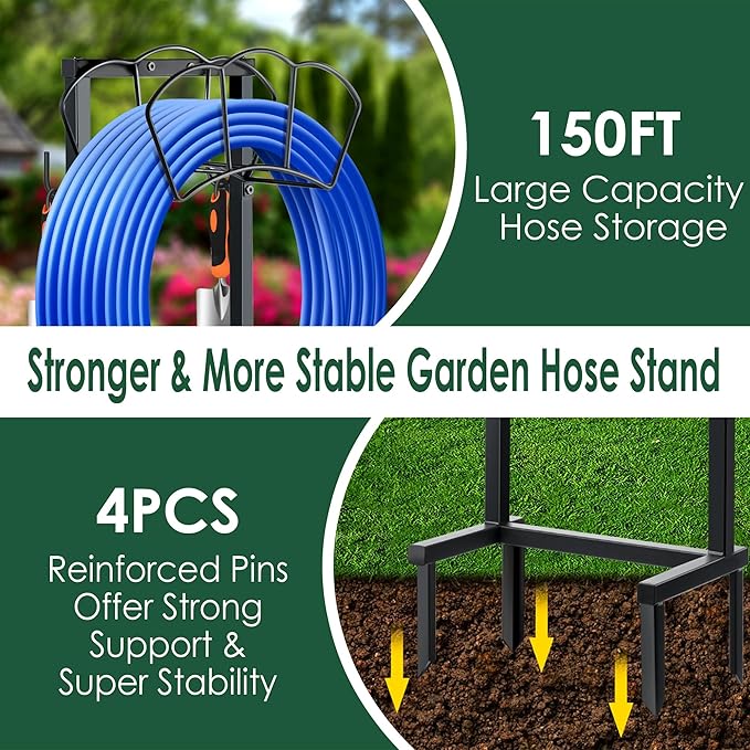 Garden Hose Holder, Heavy Duty Water Hose Holders, Sturdy Metal Hose Stand, Hose Organizer, Water Hose Hanger Rack, Hose Reel Storage Stake hold 150Ft Water Hoses, for Patio, Lawn, Garden