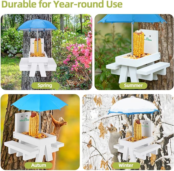 MIXXIDEA Squirrel Feeder Table with Umbrella, Wooden Squirrel Picnic Table Feeder, Durable Squirrel Feeder Corn Cob Holder, with Solid Structure and 2 x Thick Benches(White&Blue)