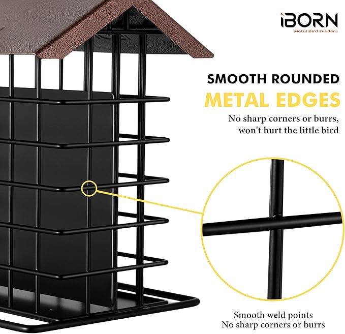 iBorn Suet Feeder for Outside Hanging,Suet Bird Feeders for Outdoors,Suet Holder With Squirrel Proof Hanger Hook,Suet Cage Bird Feeder,Woodpecker Feeder,Weatherproof Metal Roof,All Metal,1 Pack,Coffee
