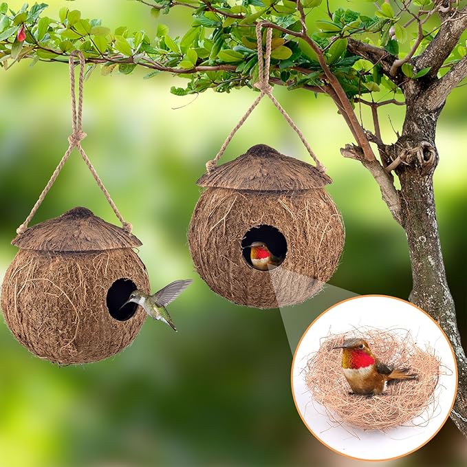 KATUMO Hummingbird Houses, Natural Coconut Bird Houses for Outside Hanging Hummingbird Swinging Nest, with Coconut Fiber Bedding for Nesting Window Garden Outdoor Home, 3Pcs
