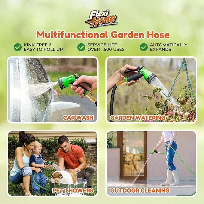 Flexi Hose Plus Expandable Garden Hose with 8 Function Nozzle, 25FT - Lightweight Retractable Garden Hose, Water Hose - No-Kink Flexibility, 3/4 Inch Solid Brass Fittings Includes Hook & Bag