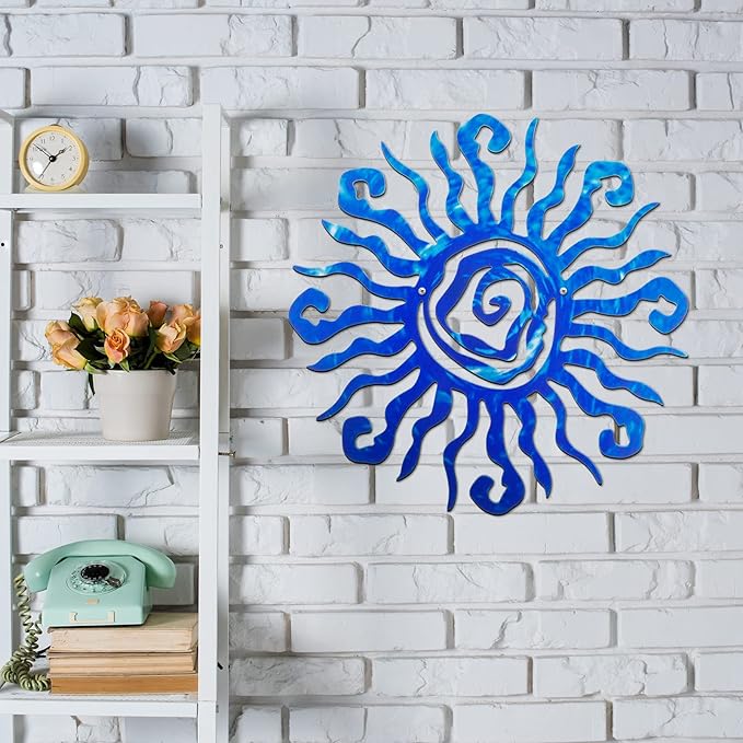 Moxweyeni 12 Inch Sun Metal Wall Art Outdoor Decor Wacky Large Sun Metal Art Wall Decor Pool Decorations for Home Bedroom Living Room Office Garden(Blue)