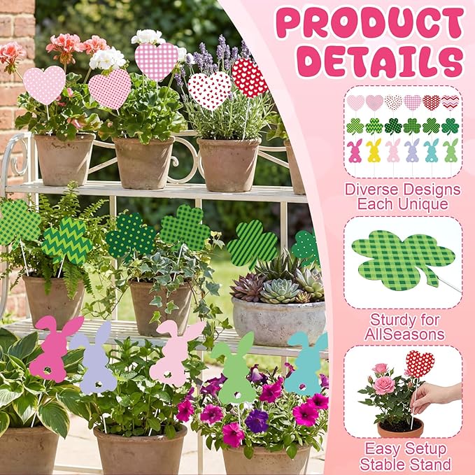 Amyhill 18 Pcs St. Patrick's Day Outdoor Decorations Easter Garden Stakes Outdoor Shamrock Bunny Garden Stakes, Metal St. Patrick's Day Easter Decor, Heart Metal Stake for Patio Lawn Yard Planter Pot