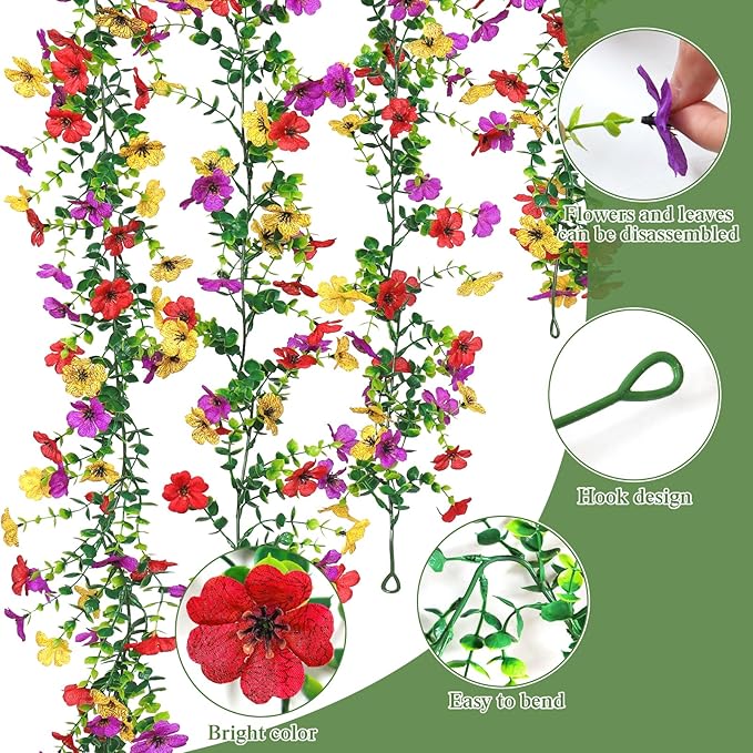 4 Pack Artificial Flower Garland,5.9FT UV Resistant Fake Daisy Floral Vine Silk Hanging Spring Wild Flower Garland for Home Mantle Garden Wedding Booth Backdrop Decor (Red Yellow Purple)
