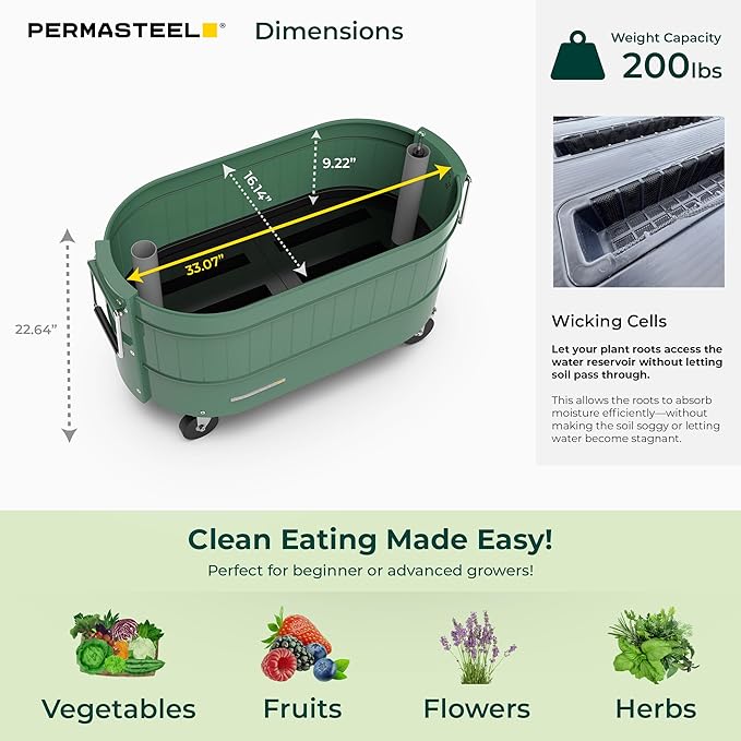 Permasteel Self-Watering Garden Bed, Rolling Planter for Vegetables, Flowers, Herbs, and Fruit, Outdoor Indoor, Caster Wheels, Sage