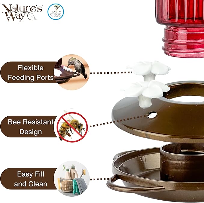 Nature's Way Hanging Glass Hummingbird Feeder for Outdoor Decor, 22 Ounce Capacity Nectar Feeder, 4 Easy to Clean Flexible Ports, Red