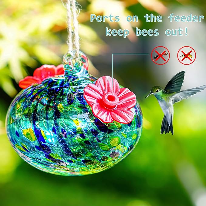 3.3OZ Glass Hummingbird Feeder with 2 Feeding Ports 3inch Blown Glass Hummingbird Feeder for Outdoors Hanging Garden Patio Decoration Uniques Gifts for Women