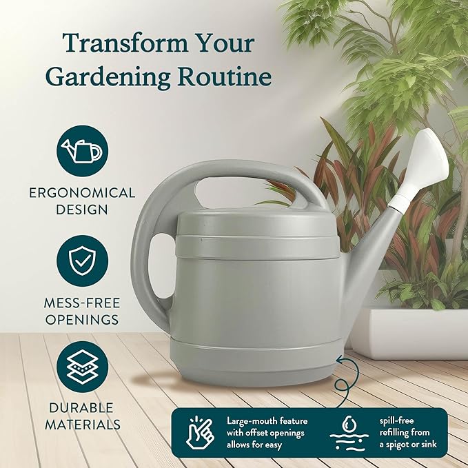 Standard Watering Can - Plant Watering Can - Small Plastic Garden Water Pot for Indoor Outdoor Plants Flowers by The HC Companies, 2 Gallon, Cool Gray