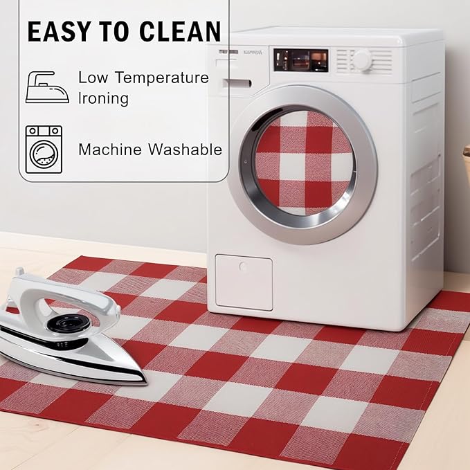 SEEKSEE Cotton Buffalo Plaid Rug 4'x6' Red and White Checked Rug Washable Doormats Indoor Outdoor Rugs for Layered Front Door Mats, Porch, Kitchen, Farmhouse, Entryway