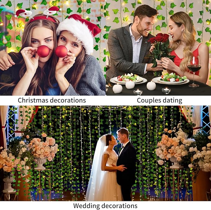 Artificial Vines with LED Fairy Lights, 33ft Green Silk Ivy Garland, 8 Light Modes, Remote Control, Indoor Decor for Bedroom, Living Room, Wedding, Party
