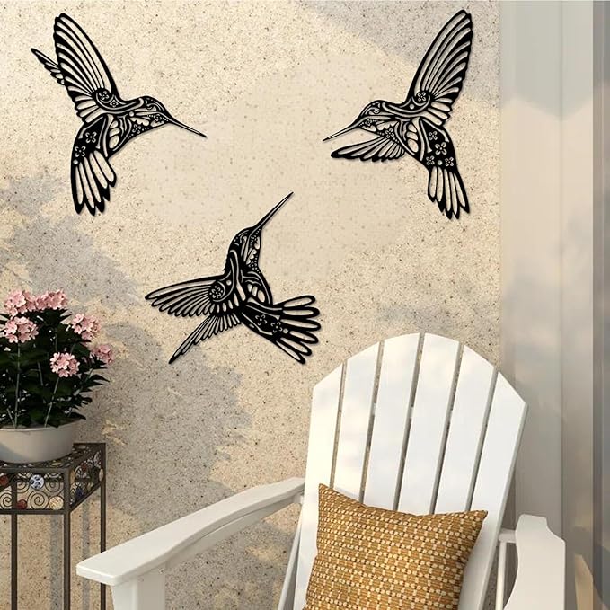 QZGXDECO Set of 3 Metal Hummingbird Wall Decor, 3D Iron Bird Wall Art for Outdoor Garden Fence, Patio & Yard Decorations, Large Hanging Sculptures for Living Room & Home, Gifts for Bird Lovers