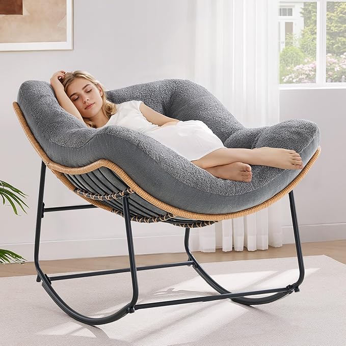 ONBRILL Outdoor Rocking Chairs, Oversized Papasan Rocking Chair Indoors with Padded Cushions, Rattan Wicker Lounge Chair for Living Room, Porch, Patio, Garden, Grey