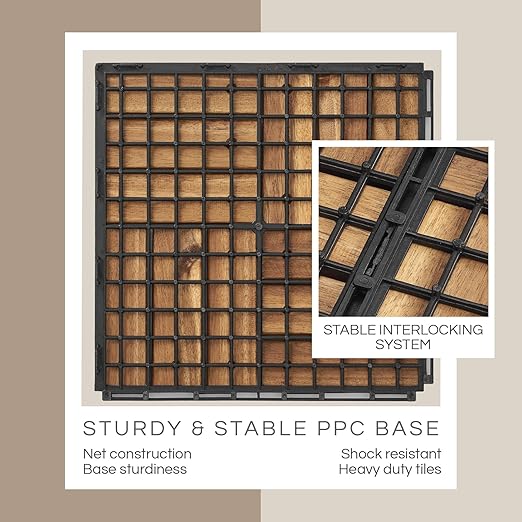 10 Pcs Deck Tiles, Patio Flooring - Outdoor Waterproof Acacia Wood Tiles for All Weather Use - Balcony, Backyard, Indoor & Outdoor (Golden Teak Crossed Pattern, 10 Square Ft)