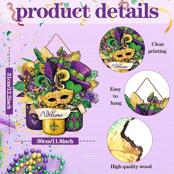Boao Welcome Mardi Gras Door Decorations Mardi Gras Sign Hanging Decoration wall Hanger Masquerade Carnival Wreath for Outdoor Farmhouse Porch Front Door Decor