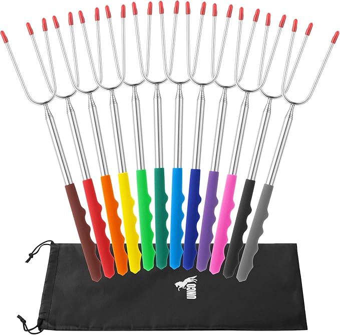UNCO- Extra Long Marshmallow Roasting Sticks, 12 pcs, 45", Colorful Rubber Handles, Extendable Stainless Steel Marshmallow Roasting Sticks with Canvas Storage Bag, Skewers for Smores Skewers