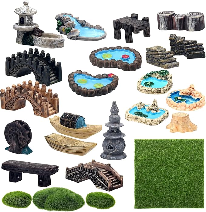 BBTO 24 Pcs Fairy Garden Accessories Architecture Miniatures- Fairy Pond Grass Boat Bridge Chair Figurines Artificial Mini Outdoor Garden Kit Water Features for Crafts Decorations