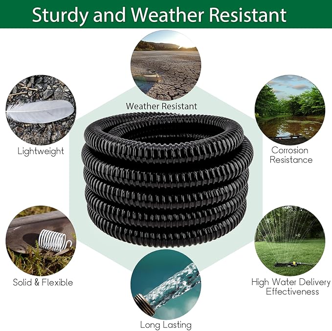 LONGRUN Pond Tubing 1.5 Inch 1-1/2'' Diameter, 26.9 ft Long Corrugated Flexible Hose Pipe with Clamps Pipe Fittings, Pool PVC Tube for Garden Ponds Waterfalls Camping Caravans Filters Drainage Marine
