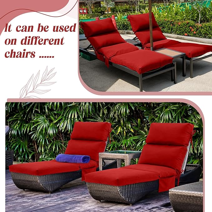 Kigley 2 Pcs Chaise Lounge Cushions, 77.9 x 20.5 x 4.7 Inch Outdoor Lounge Chair Cushions with Pocket, Thick Tufted Patio Recliner Replacement with Ties, Fade Resistant for Pool Furniture (Red)