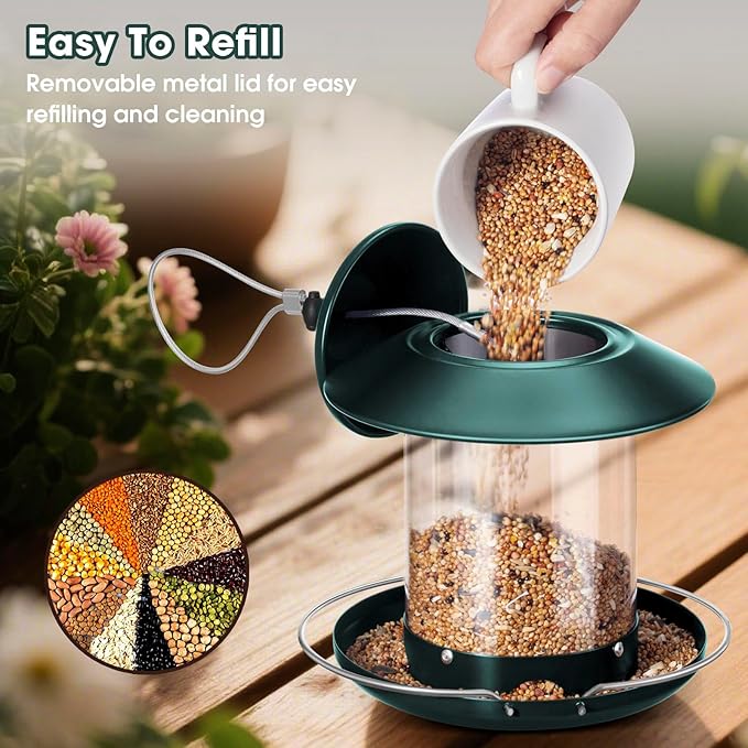 Metal Roof Bird Feeder, Hanging Bird Feeders for Outdoors with 2LB Clear Tube Seed Capacity for Viewing Cardinal Finch, 360° Feeding Small Wild BirdFeeders for Outside Garden Yard Decoration