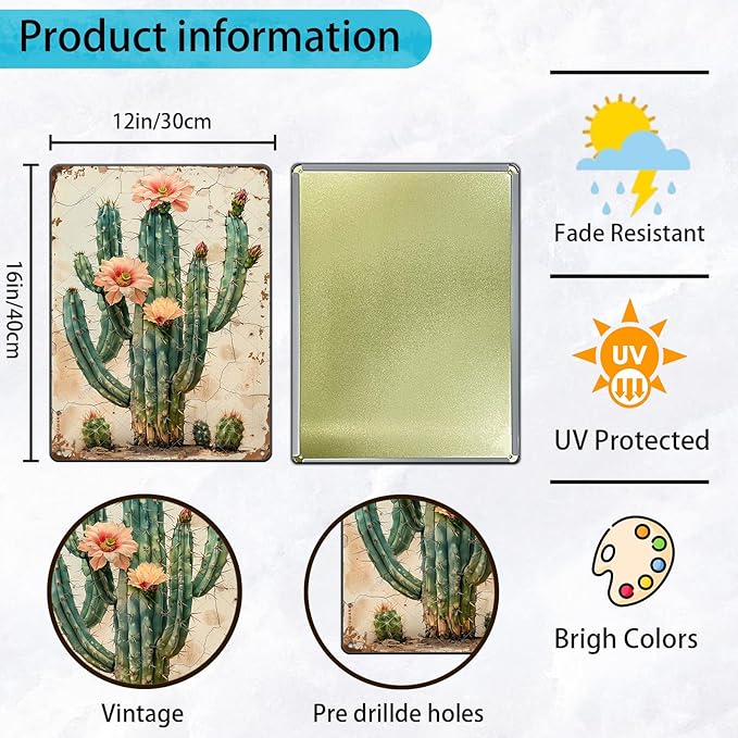 Vintage Tin Sign Cactus Wall Art Cacti Art Wall Sign Decor for Home Kitchen Garage Outdoor Yard Farmhouse 16x12 Inch
