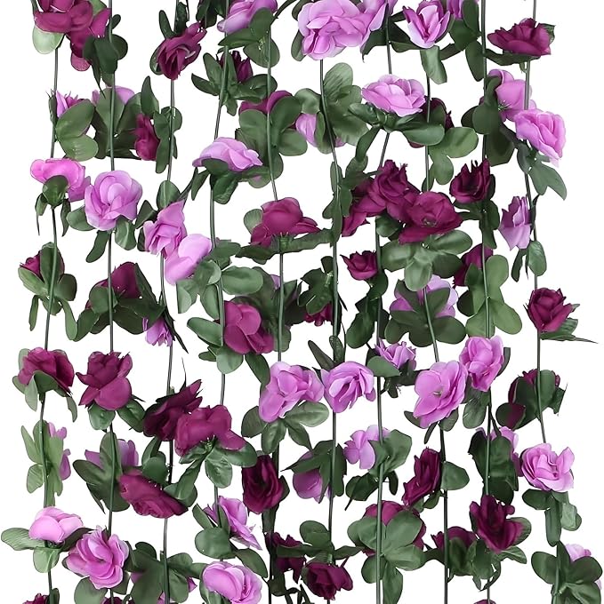 5 Pcs 8FT Flower Garland Artificial Flowers for Outdoors Fake Rose Vine Ivy Silk Flowers for Decoration/Anniversary/Wedding Birthday/Christmas/Home Decor/Garden Decor (Purple)
