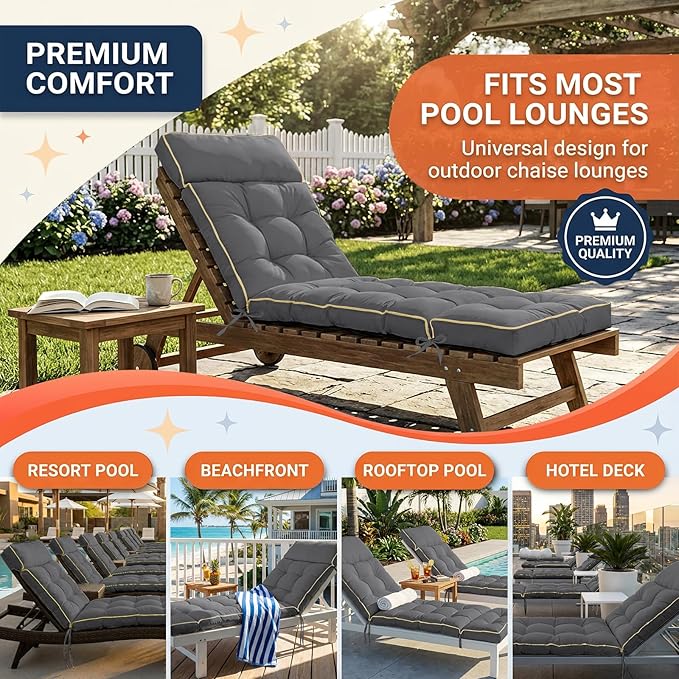 MAGIC ELEPHANT Chaise Lounge Cushion Outdoor, Memory Foam Replacement Patio Pool Lounge Chair Cushion with Ties for Outdoor Furniture, 74 x 22 x 4 Inch (Gray)