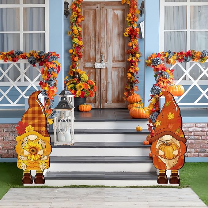 Thyle 2 Pcs Wooden Thanksgiving Gnome Sign 27 x 10 Inch Fall Hanging Gnome Front Door Decor Pumpkin Sunflower Welcome Sign for Fall Outdoor Indoor Front Porch Harvest Home Farmhouse Wall Supplies