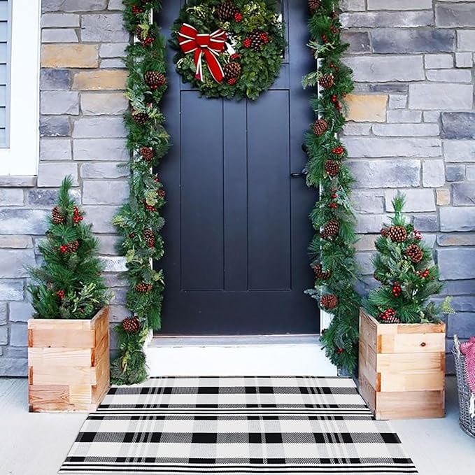Fall Décor Plaid Rug, 2'4" x 3'7" Black&White Check Indoor/Outdoor Area Rug, Layering Rug for Hello/Welcome Doormat, Machine Washable Cotton Woven Rugs for Farmhouse Front Porch,Entryway