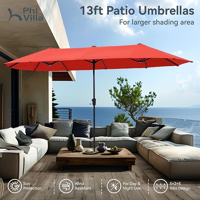 PHI VILLA 7 Pcs Patio Dining Set with Umbrella, Outdoor Dining Set with Table and Chairs, Adjustable Folding Chairs for Garden