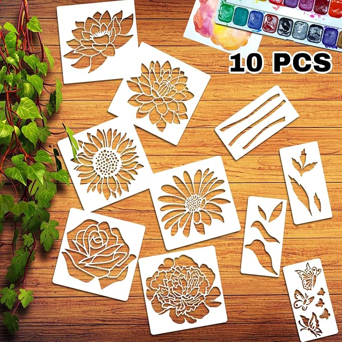 Large Flower Stencils 10 Pieces for Painting on Giant Walls, Reusable Stencil Templates, Large Rose Daisy Sunflower Peony Stencils for Paint on Garden Wood Fence Furniture