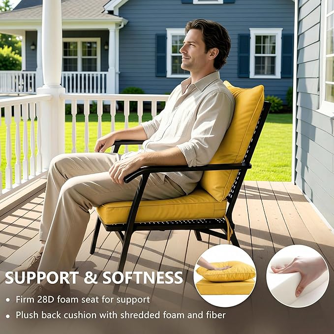 22x22 Inch Patio Chair Cushions Set of 2, Outdoor Furniture Cushions - Removable Cover, Water-Repellent, Fade-Resistant, Non-Slip Bottom & Straps, Replacement for Lawn, Porch & Deck Chair - Yellow