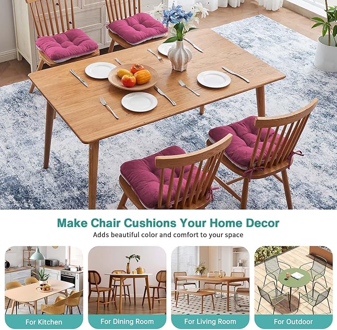 BETU Chair Cushions for Dining Chairs Set of 4,3.5" Thick Kitchen Table Chair Pads with Ties,Non Slip Backing and Covers, Seat Cushion for Dining Room,Bar,Patio Chairs,16"X16"X3.5",Hot Pink