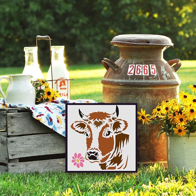 FINGERINSPIRE Cow Flower Stencil - 11.8x11.8inch Reusable Cow Head Stencil with Flower Design for Painting on Wood, Floor, Furniture, Wall and Paper