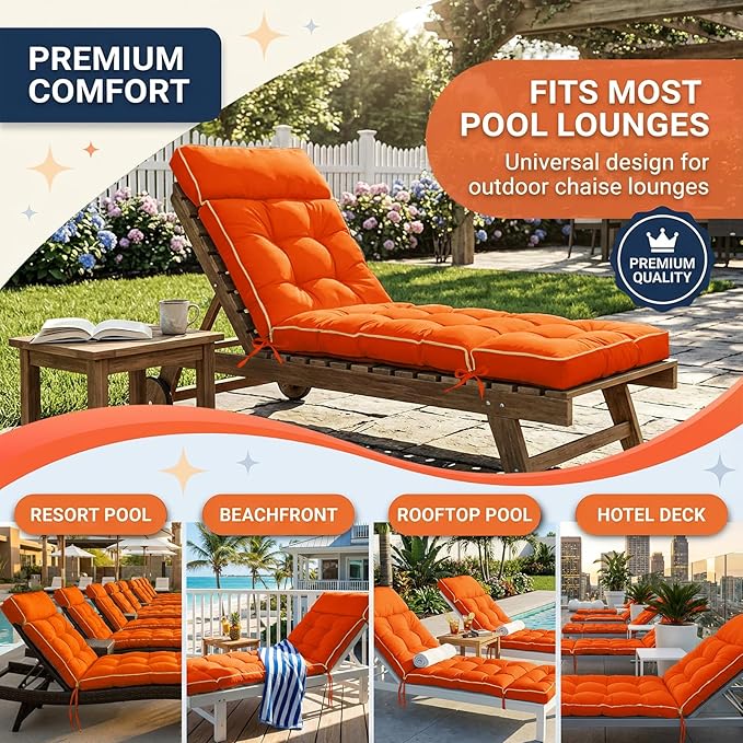 MAGIC ELEPHANT Chaise Lounge Cushions Outdoor, Memory Foam Replacement Patio Pool Lounge Chair Cushion with Ties for Outdoor Furniture, 74 x 22 x 4 Inch (Orange)