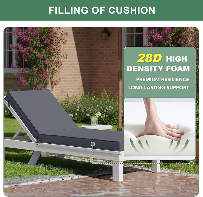 Chaise Lounge Cushions Outdoor - Waterproof and Fade Resistant Sun Lounger Replacement Cushions - Patio Lounger Pads with Removable Cover for Pool, Deck, Lawn, 72 x 21 x 3 Inch, Dark Grey