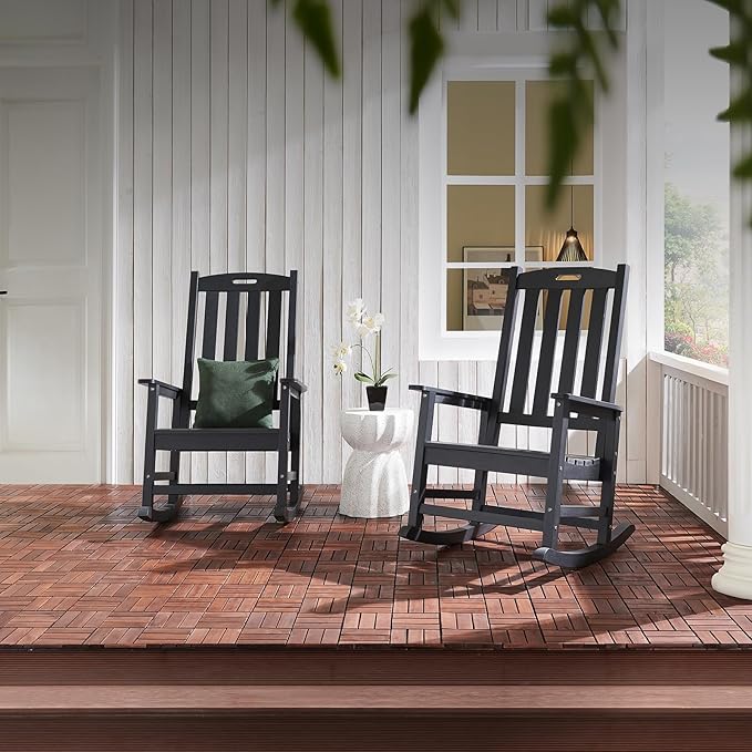 Psilvam Oversized Outdoor Rocking Chair Set of 2, Porch Rocker with 21" Wide Seat and 32" Tall Backrest, Pre-Assembled with Most Components for Effortless Installation (Carbon Black)