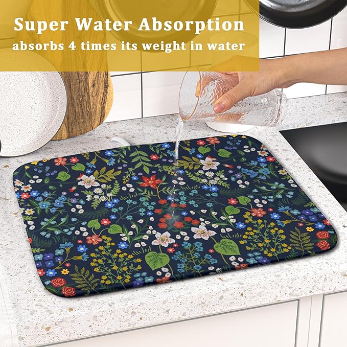 Flower Floral Dish Drying Mat Microfiber Navy Blue Absorbent Drying Pad for Kitchen Counter Small