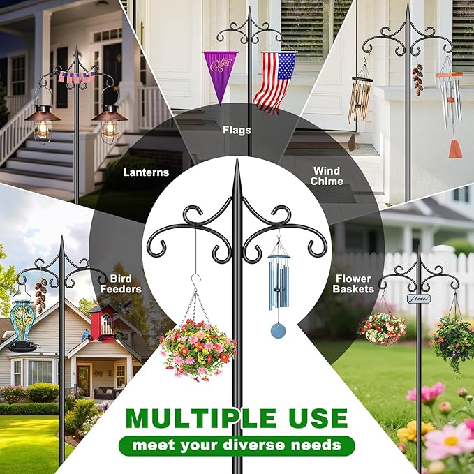 Heavy Duty Double Shepherd Hooks for Outdoor with 5-Prong Base, 72inch Adjustable Decorative Metal Bird Feeder Pole for Hanging Bird Nests, Plant Baskets, Solar Lights, Lanterns, 1 Pack