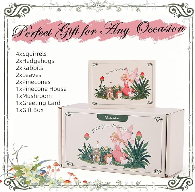 VerdantVibes Fairy Garden Accessories Kit – 16-Piece Miniature Woodland Decor with Pinecone House, Mushroom & Gift Box – Fairy Garden Figurines for Indoor Outdoor Fairy Garden Decorations