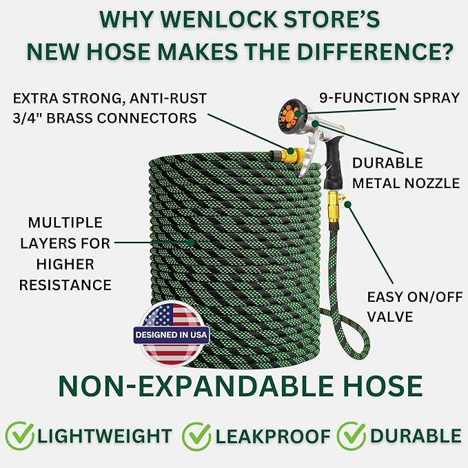 Garden Hose 75 ft, Lightweight, Sturdy Metal Nozzle 9 Spray, Heavy Duty, Leakproof Flexible Water Hose, Durable Multiple Layers, Solid Brass Connectors