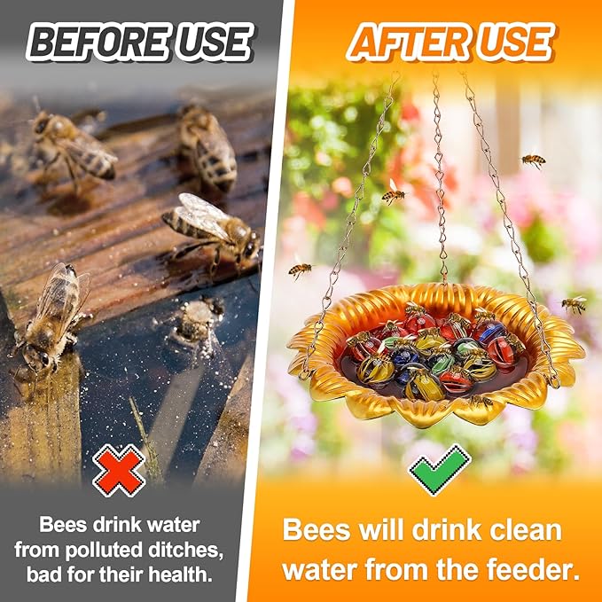 Bee Feeder with Vivid Sunflower Design - Anti-Rust Iron Bee Watering Station for Feeding, Colorful Butterfly Bath Bowl Cup with 15 Glass Marbles for Outdoor Yard Garden Decor Gifts (Gold)