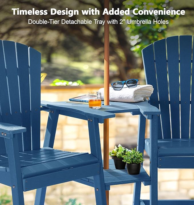 PASAMIC Tall Adirondack Chair Set of 4, All-Weather HDPE Outdoor Chairs with Removable Double Trays, Bar Height Adirondack Chairs for Balcony, Deck, Patio, Backyard, Blue